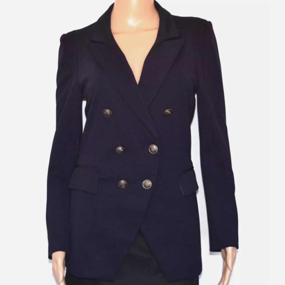ARNALDO BASSINI Navy Blue Double Breasted V-Neck Lined Side Pockets Blazer M